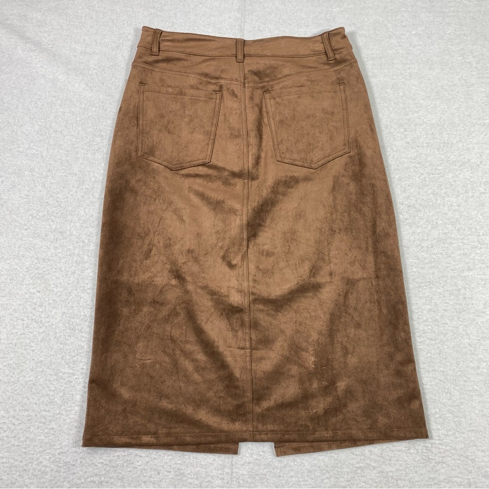 Falls Creek Faux Suede Midi Skirt Women's 8 Brown Front Slit Pockets Elegant NWT - Picture 8 of 14
